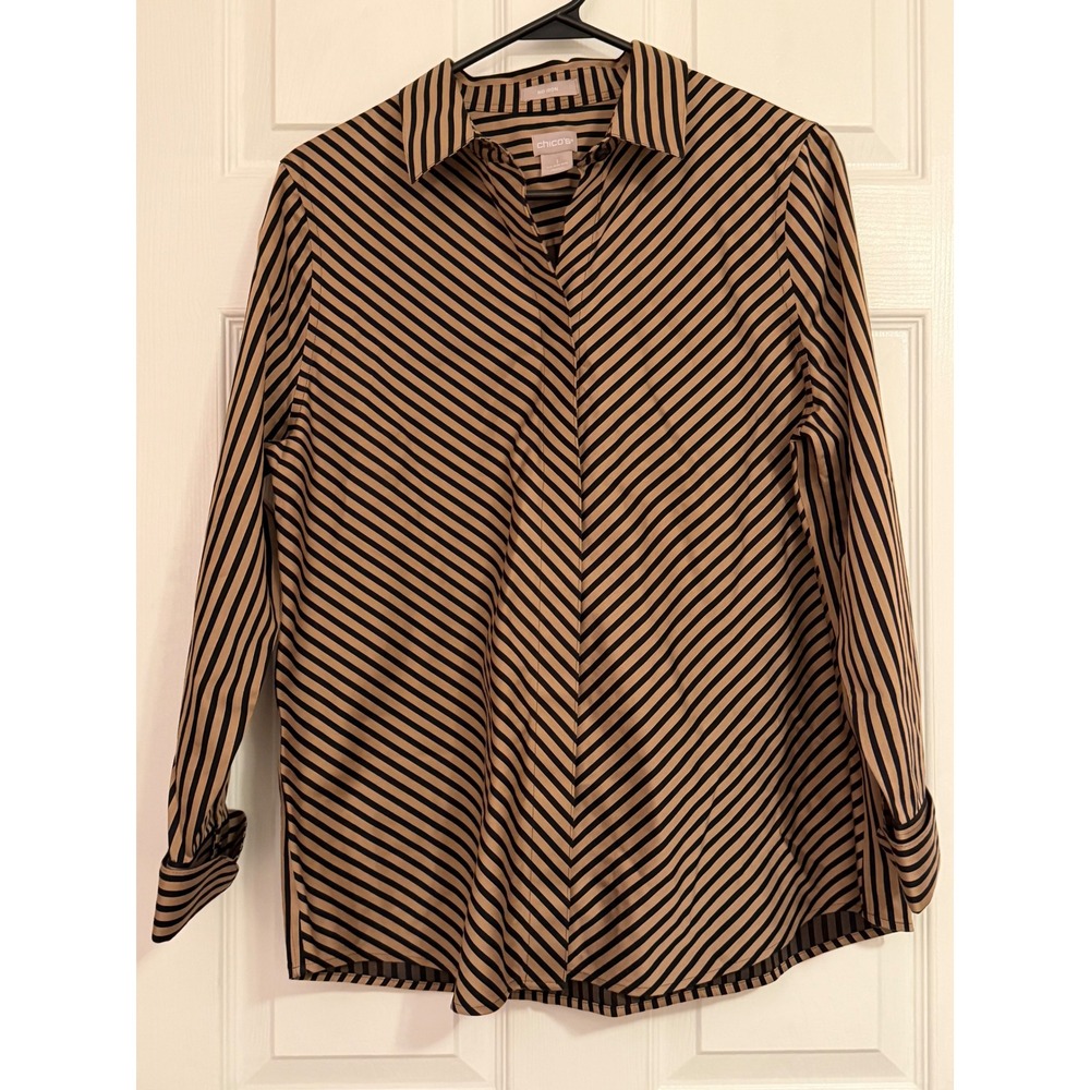 Chicos No Iron Button Down Shirt Tan Black Striped Cotton Blouse Size 1 8/10